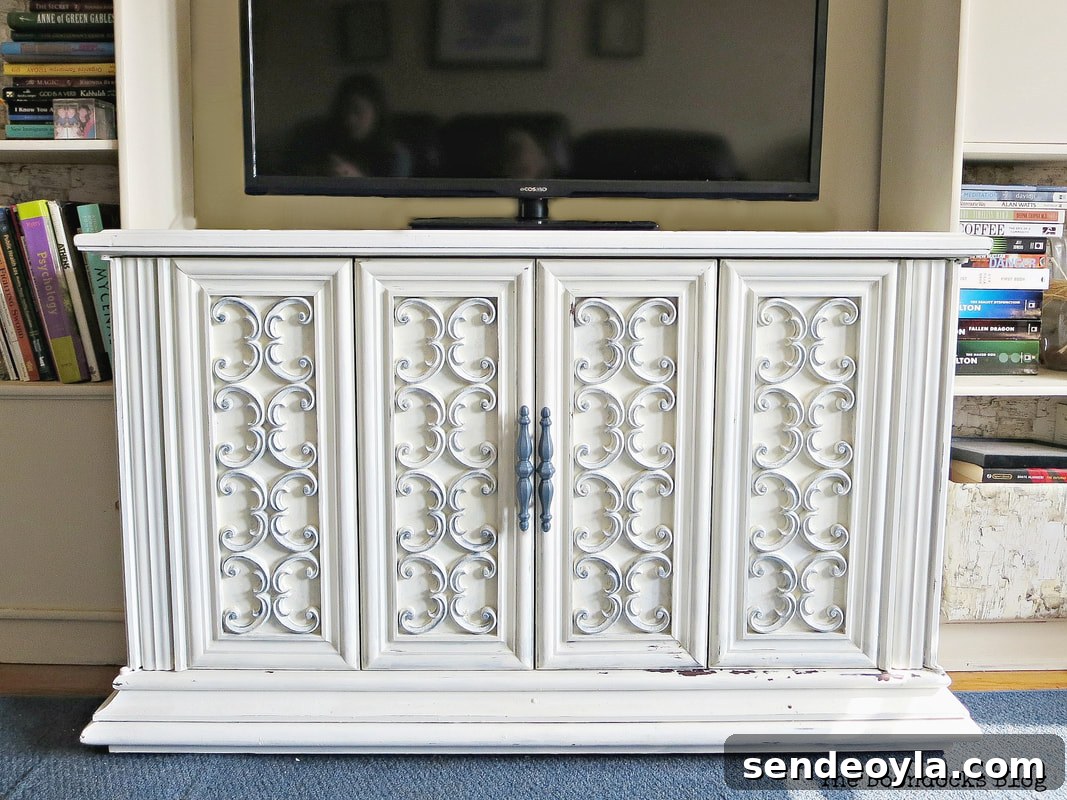 Paint and Restore a Vintage TV Cabinet: DIY Guide 15 Seventies TV Cabinet used for storage and as TV Console, ,#furnituremakeover #Vintagefurniture #SeventiesTVCabinet #OldFashionedMilkPaint #TVCabinetasstorage #ScrollworkonTVCabinet How to Revive a Vintage TV Cabinet www.theboondocksblog.com