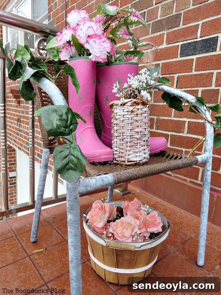 DIY Repair and Repurpose a Torn Rattan Chair 2 A torn rattan chair repurposed as a display stand for decorative items on a front patio.