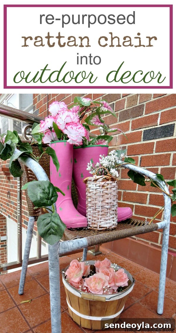 DIY Repair and Repurpose a Torn Rattan Chair 15 Rattan chair on which boots and wicker bottle holder are placed with flowers for an outdoor decor