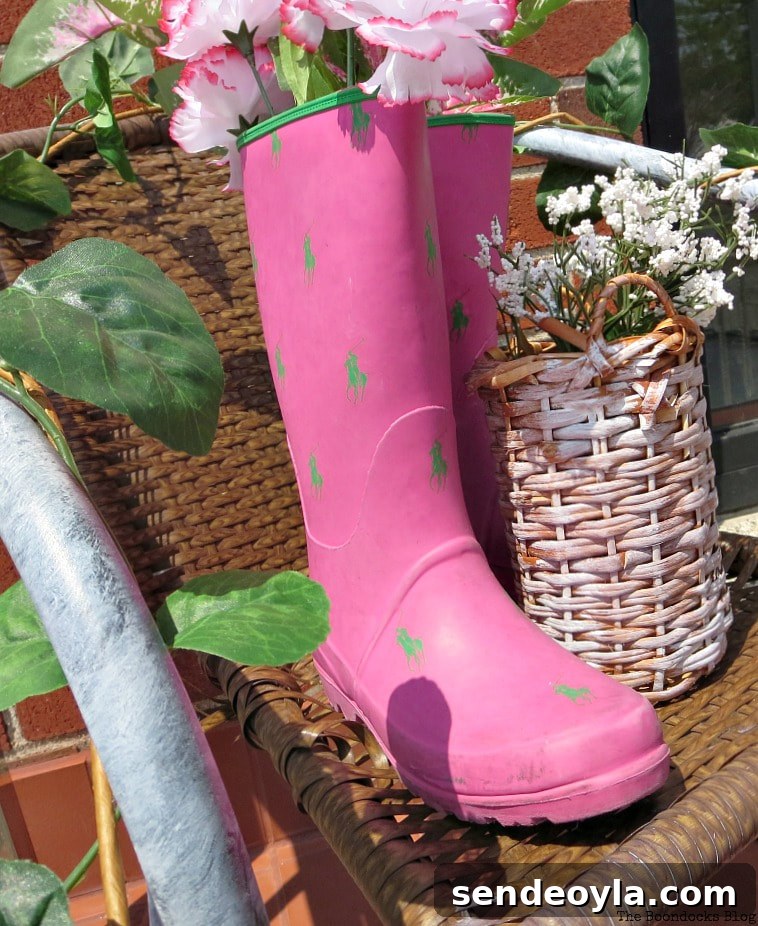 DIY Repair and Repurpose a Torn Rattan Chair 8 repurposed rubber boots as flower holder