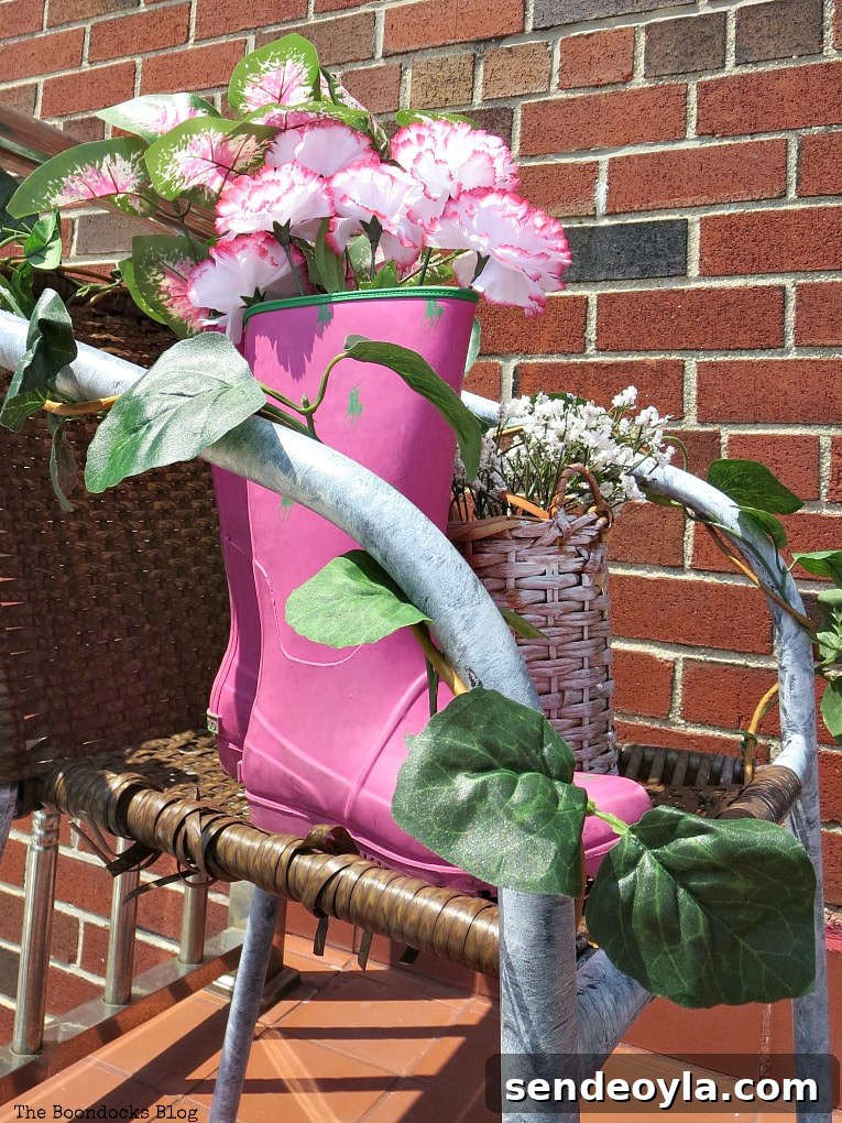 DIY Repair and Repurpose a Torn Rattan Chair 9 Repurposed objects as flower holders on rattan chair