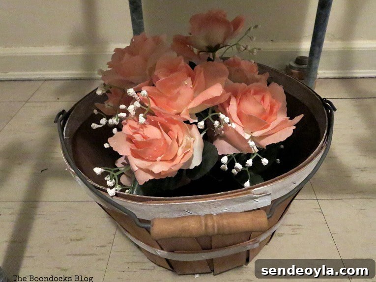 DIY Repair and Repurpose a Torn Rattan Chair 10 basket with faux flowers