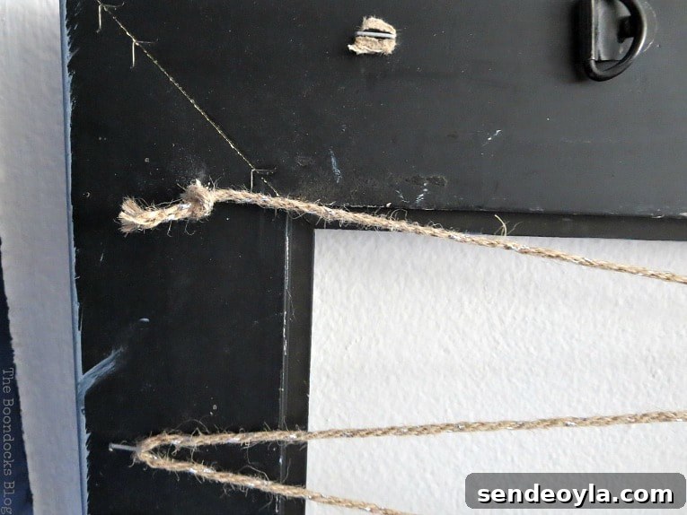 Back of picture frame with twine knotted onto staple