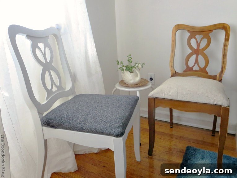DIY: Turn One Chair Into Two Distinct Makeovers 11 One chair two looks, #Chairmakeover #Upcycledchair #Chalkytypepaint #Uniquelookforchair #upcycledclothes How to Get Two Unique Makeovers from One Chair www.theboondocksblog.com