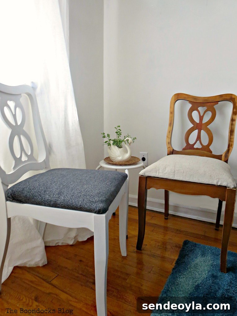 DIY: Turn One Chair Into Two Distinct Makeovers 12 One type of chair with two different looks, #Chairmakeover #Upcycledchair #Chalkytypepaint #Uniquelookforchair #upcycledclothes How to Get Two Unique Makeovers from One Chair www.theboondocksblog.com