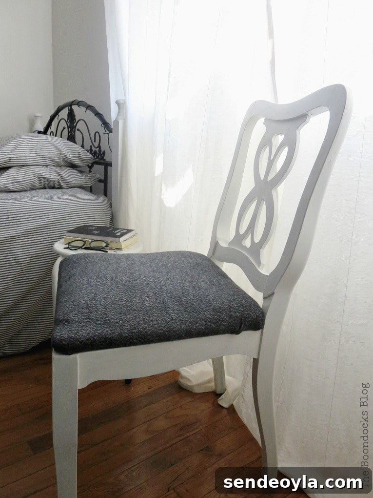 DIY: Turn One Chair Into Two Distinct Makeovers 13 White chair in girls bedroom, black and white, #Chairmakeover #Upcycledchair #Chalkytypepaint #Uniquelookforchair #upcycledclothes How to Get Two Unique Makeovers from One Chair www.theboondocksblog.com
