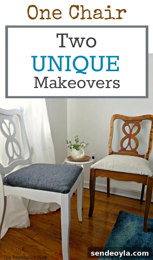 DIY: Turn One Chair Into Two Distinct Makeovers 15 White chair and wood chair both made over from the same style chair, #woodchair #blackandwhite, #Chairmakeover #Upcycledchair #Chalkytypepaint #Uniquelookforchair #upcycledclothes How to Get Two Unique Makeovers from One Chair www.theboondocksblog.com
