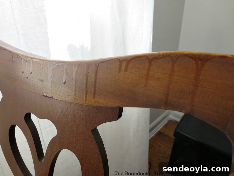 DIY: Turn One Chair Into Two Distinct Makeovers 3 dried stain drips on the chair before, How to Get Two Unique Makeovers from One Chair www.theboondocksblog.com