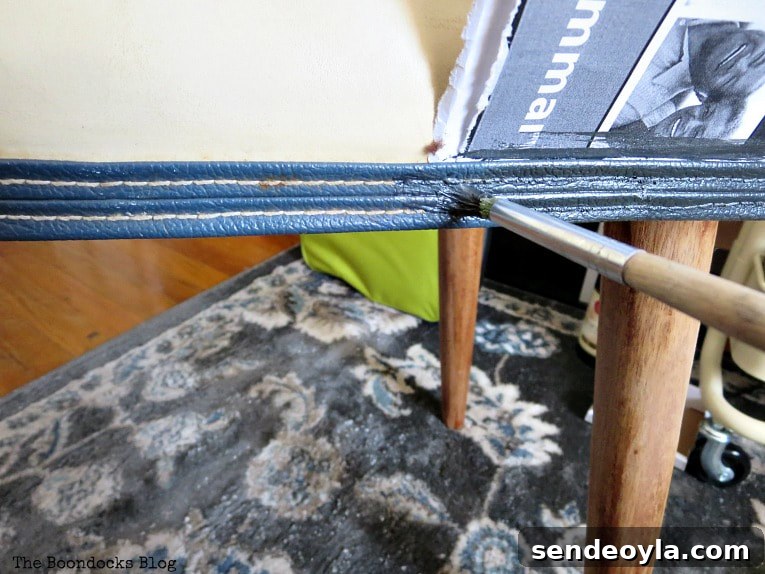 DIY Wooden Stool Makeover: Transform It Into a Chic Seat 8 Painting the blue vinyl piping, The Not So Simple Transformation of a Bench