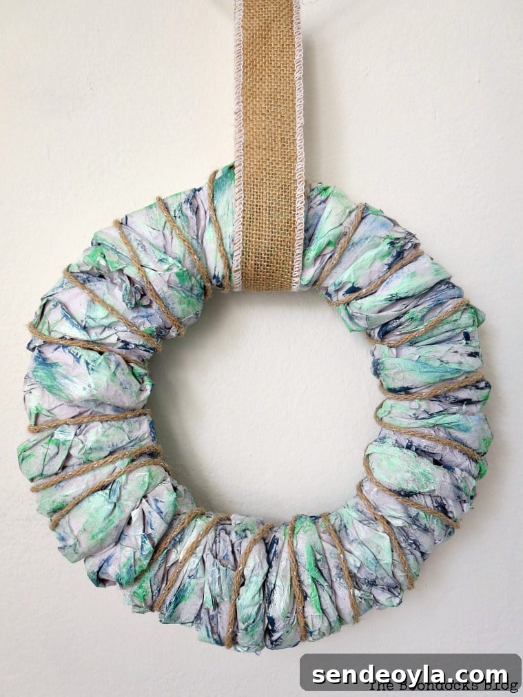 Easy DIY wreath made with colorful packing paper.