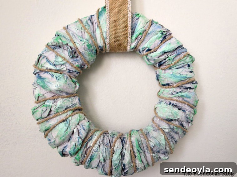 Easy DIY wreath made with colorful packing paper.