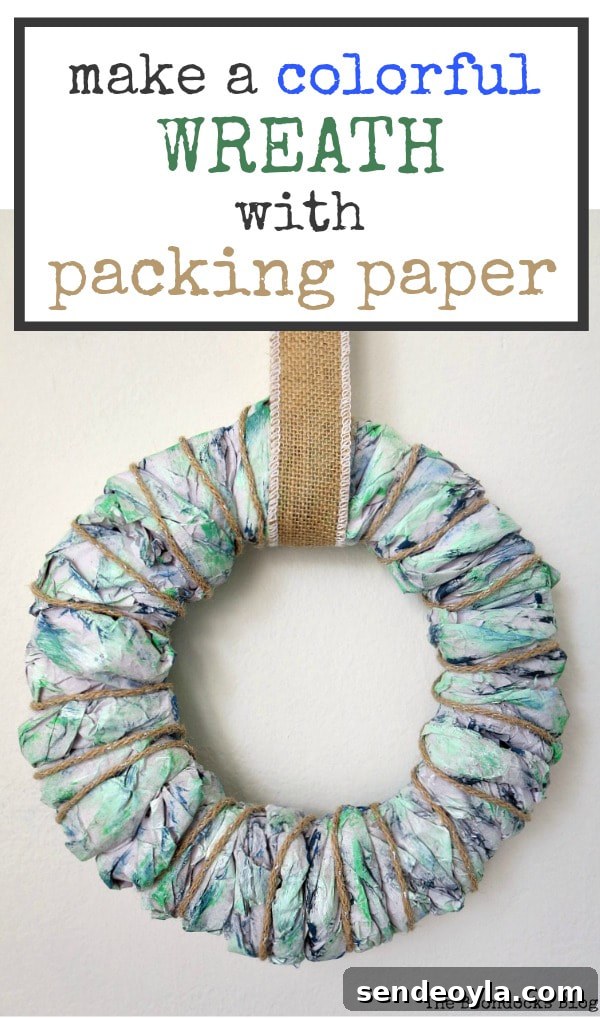Easy DIY wreath made with colorful packing paper and text overlay.