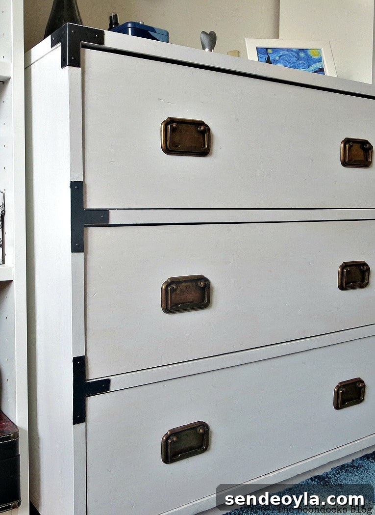 Refinish and Restore a Campaign Dresser in 7 Steps 11 Angled view of the painted dresser.