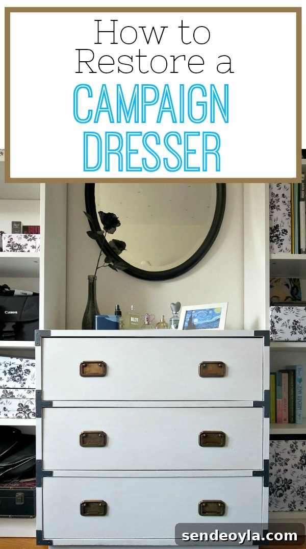 Refinish and Restore a Campaign Dresser in 7 Steps 16 Restored white dresser flanked by two bookcases with text overlay saying "how to restore a campaign dresser."