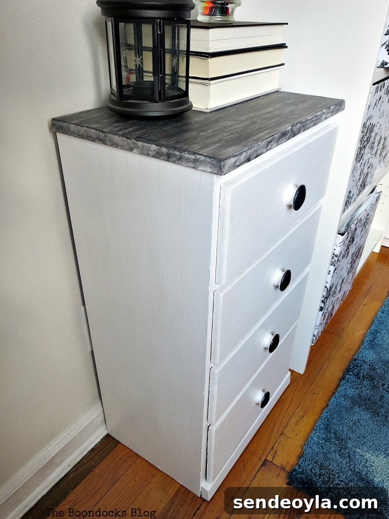 Angled view of finished nightstand makeover.