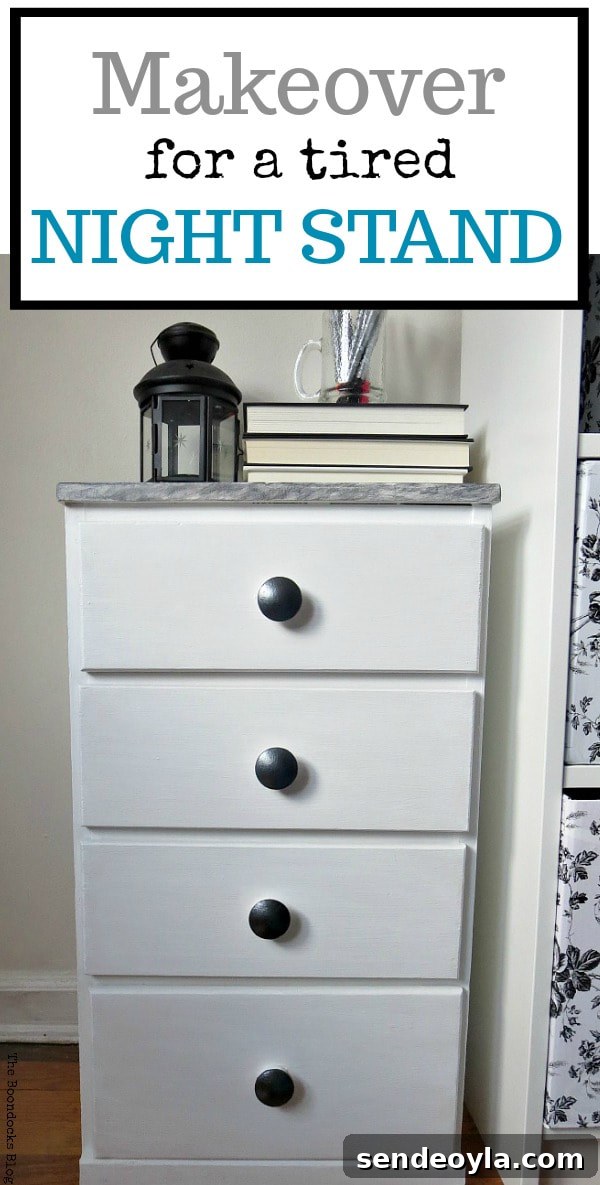 Finished nightstand makeover with paint, wood filler, metallic paint and contact paper and text overlay.