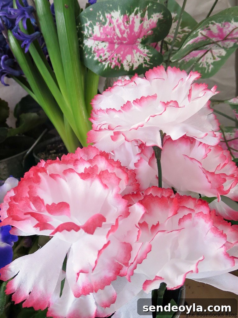 How to Look Like You Have a Green Thumb with a Planter Box 14 Pink carnation and Aglaonema faux plants