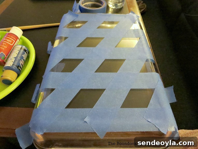 DIY Laid-Back Coffee Bar Station: Create a Playful Home Nook 5 Using masking tape to create a pattern on the glass tray.