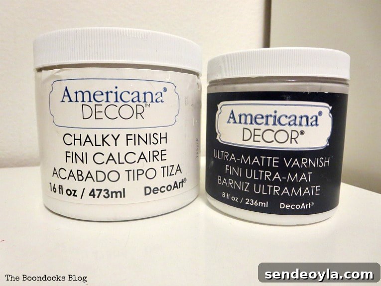 Americana Chalk finish paint and ultra matte varnish.