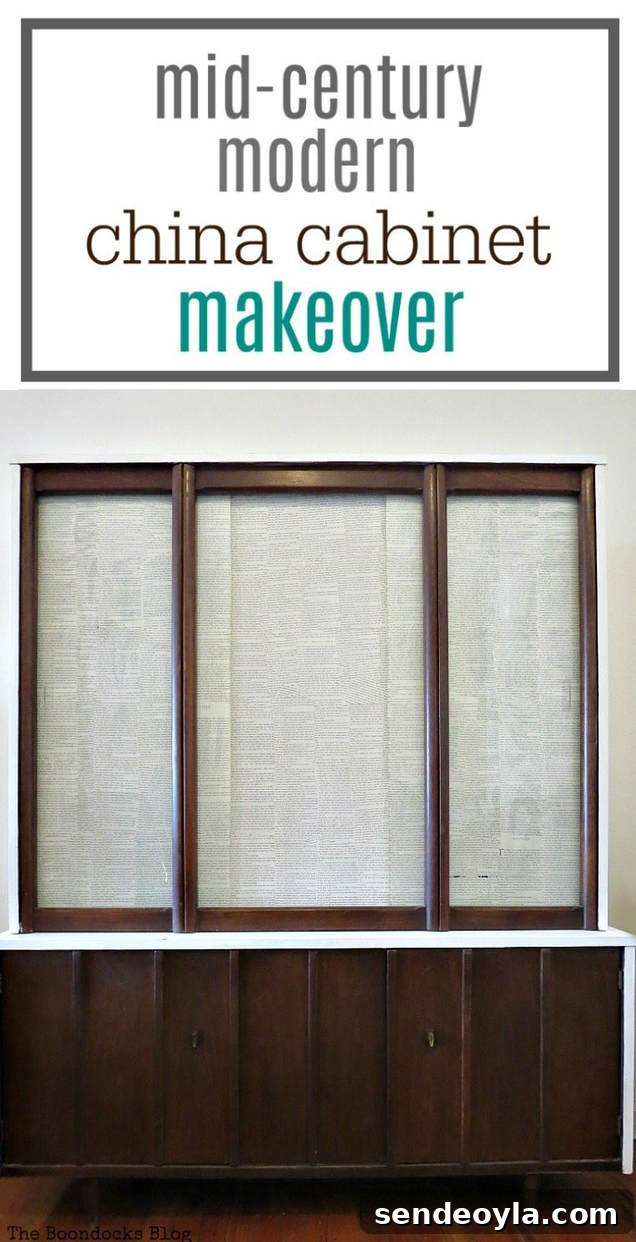 Finished makeover on the mid century modern china cabinet with text overlay "mid century modern china cabinet makeover."