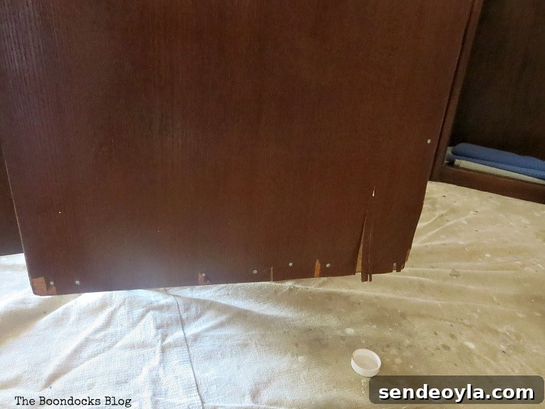 The side of the bottom cabinet with damaged veneer.