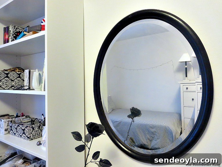How to Refinish an Old Wood Mirror Frame with Paint 10 Black mirror next to bookcase, How to Revive an Old Wood Mirror with Paint www.theboondocksblog.com