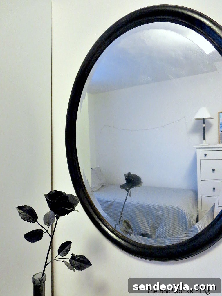 Black painted mirror with black rose, How to Revive an Old Wood Mirror with Paint www.theboondocksblog.com