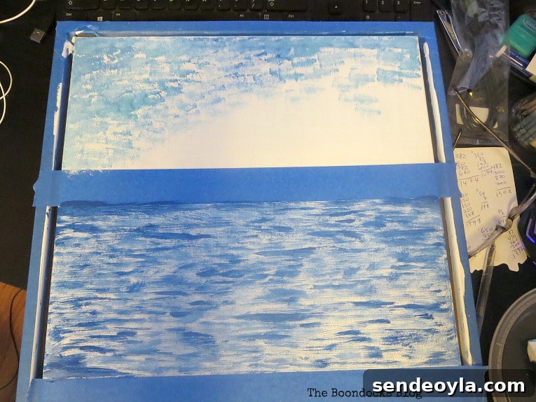 Step-by-Step Impressionist Painting Tutorial for Beginners 9 Painting the upper part of sky, How to Make your Own Impressionist Art Painting www.theboondocksblog.com