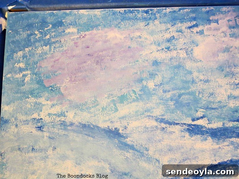 Step-by-Step Impressionist Painting Tutorial for Beginners 10 lilac clouds in the sky, How to Make your Own Impressionist Art Painting www.theboondocksblog.com