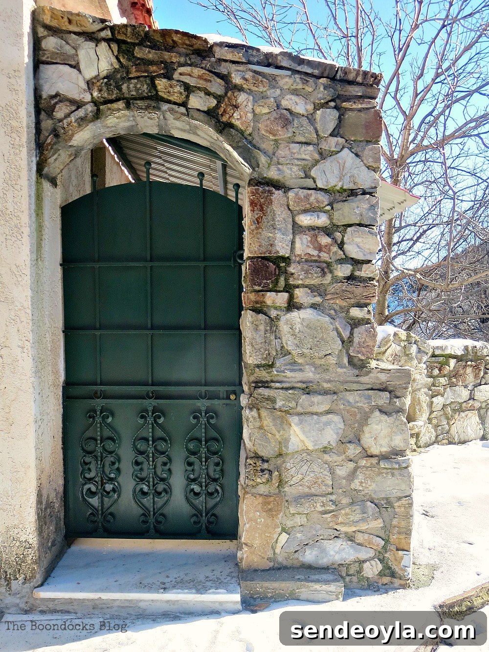 Green gate on stone wall, Celebrating a 3 year Blogoversary with Lots of Doors