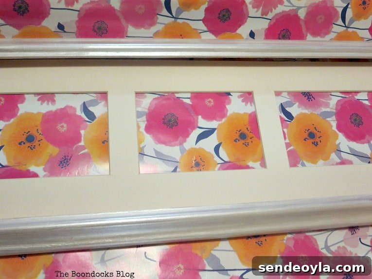 Quick Spring Art Ideas to Refresh Your Home 10 Showing the wrapping paper with bold yellow and pink flowers.