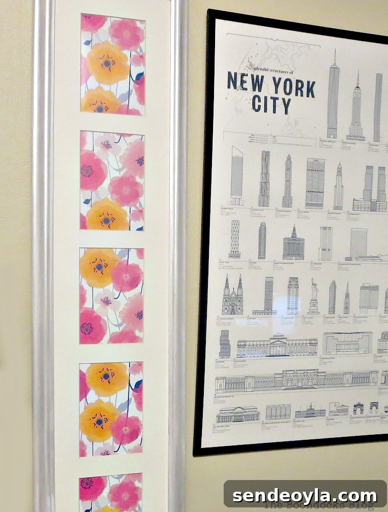 Quick Spring Art Ideas to Refresh Your Home 11 Wrapping paper spring artwork placed beside a New York City poster.