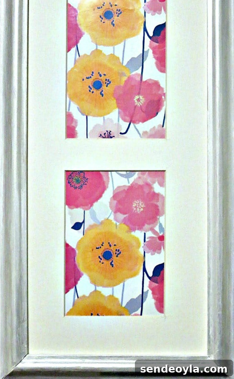 Quick Spring Art Ideas to Refresh Your Home 12 Close up of flower wrapping paper placed inside a frame to make spring artwork.
