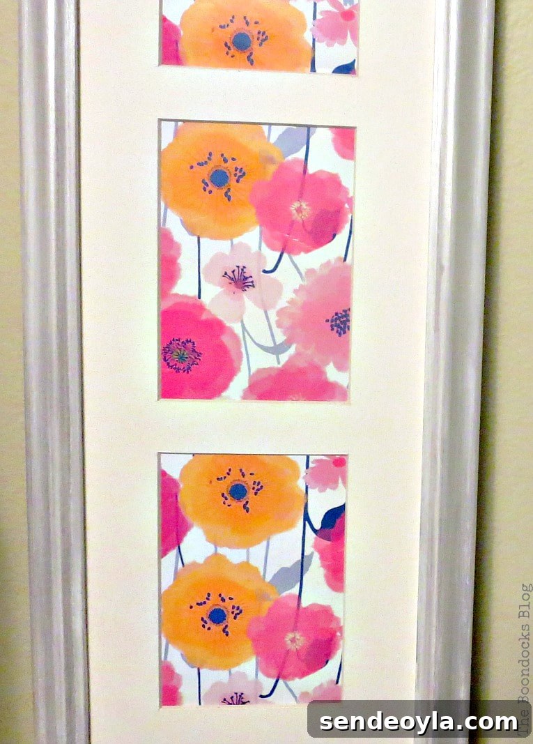 Quick Spring Art Ideas to Refresh Your Home 13 Flower wrapping paper placed inside a frame to make spring artwork.