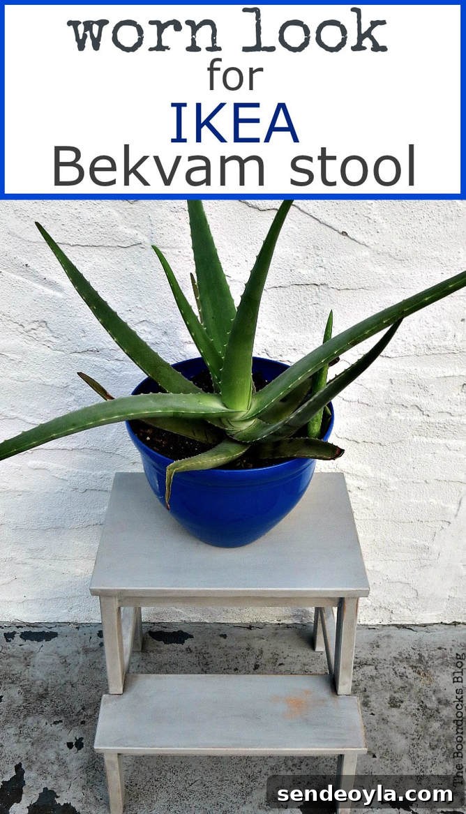 A blue planter on top of the finished Ikea Bekvam step stool, with text overlay "worn look for Ikea Bekvam stool."
