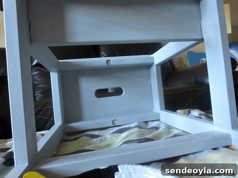 The painted underside of the Ikea Bekvam step stool.