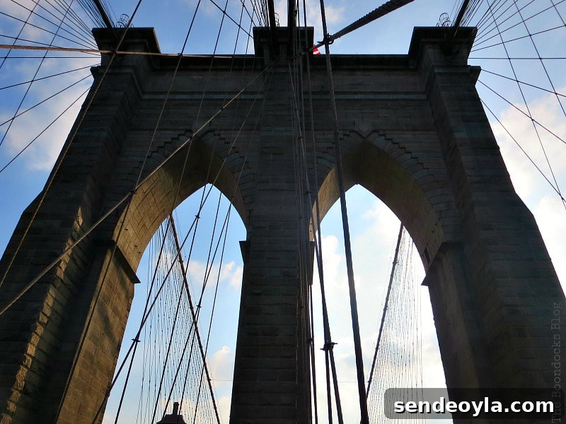 Looking up at the second Tower of the Brooklyn Bridge, A Tour of the Astonishing Brooklyn Bridge Walkway www.theboondocksblog.com