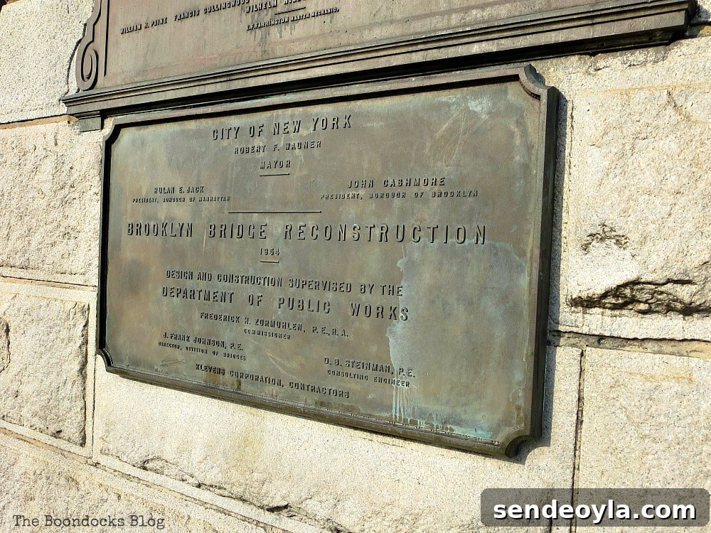 Walking the Brooklyn Bridge: Highlights, Tips and Photo Spots 16 A plaque of the Brooklyn Bridge, A Tour of the Astonishing Brooklyn Bridge Walkway www.theboondocksblog.com