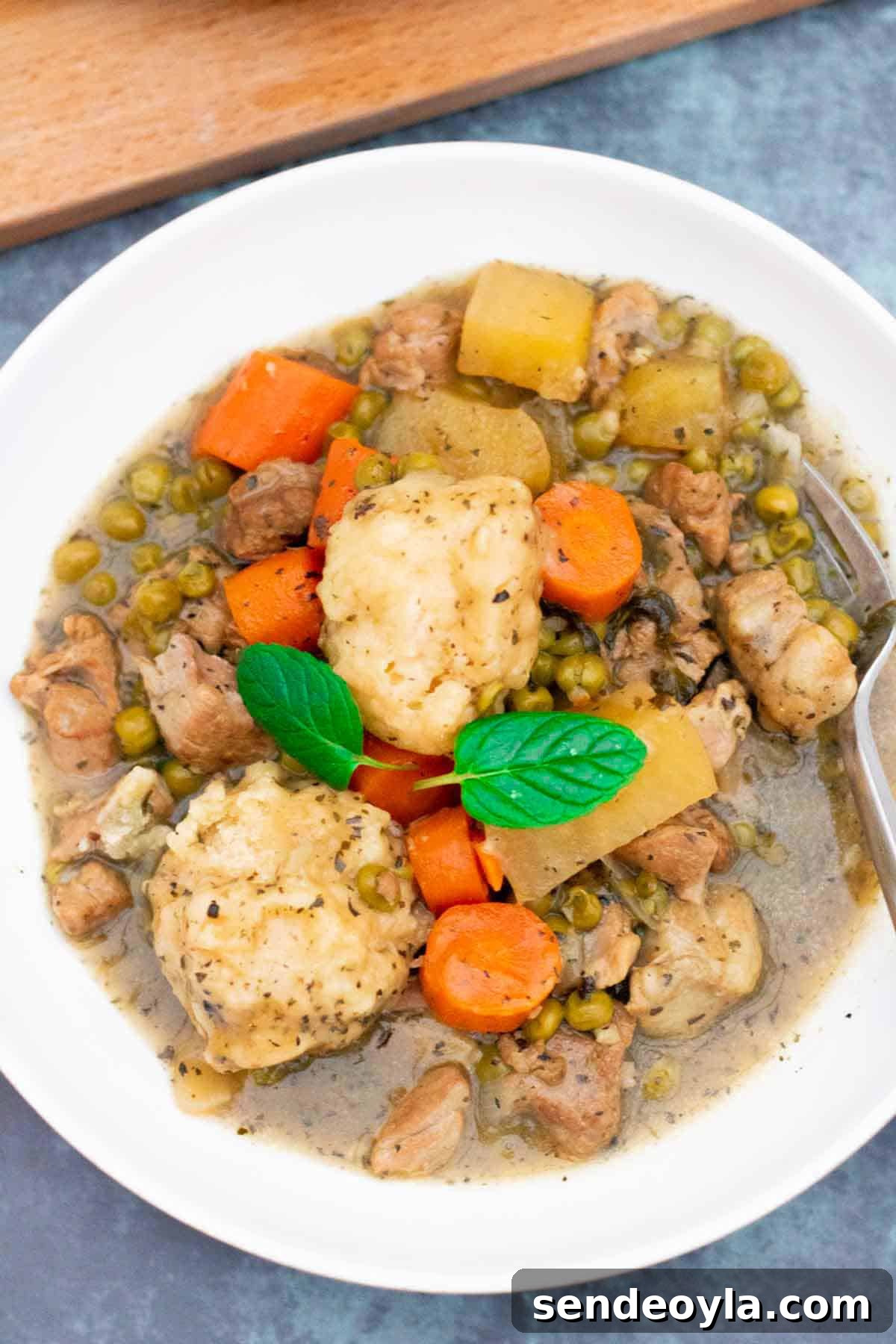 Slow Cooker Minted Lamb Stew with Dumplings 7 minted slow cooker lamb stew and dumplings in a large white bowl