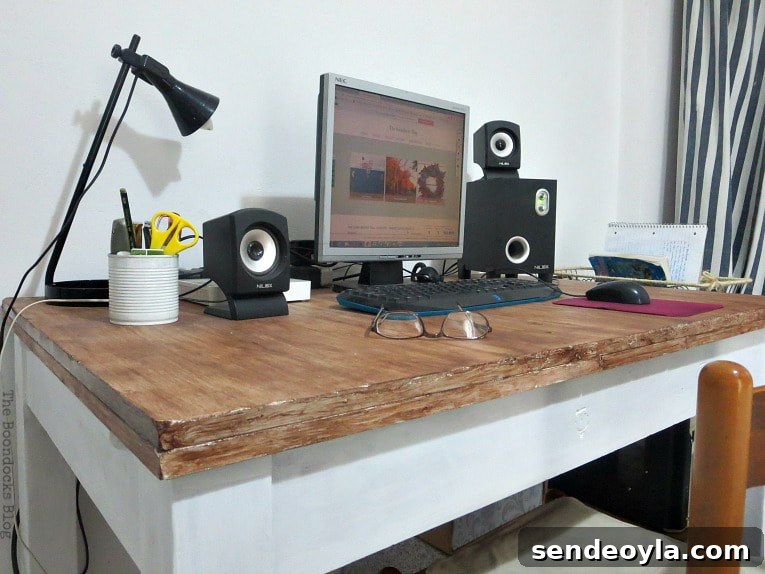 DIY Clothes Rack Cover: Step-by-Step Guide 11 Wood desk with computer, black lamp, glasses, speakers and pen holder placed on top.