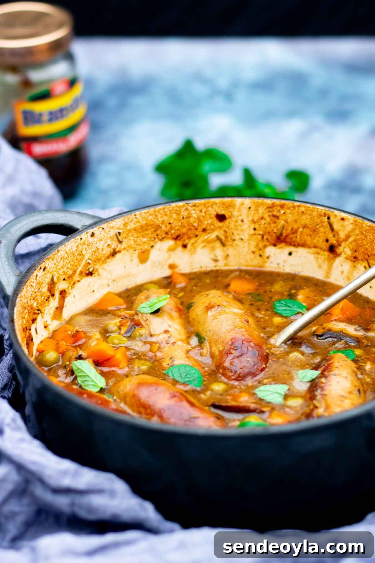 Branston Pickle Sausage Casserole Recipe 6 Sausage cassoulet with fresh mint in a Denby halo casserole dish