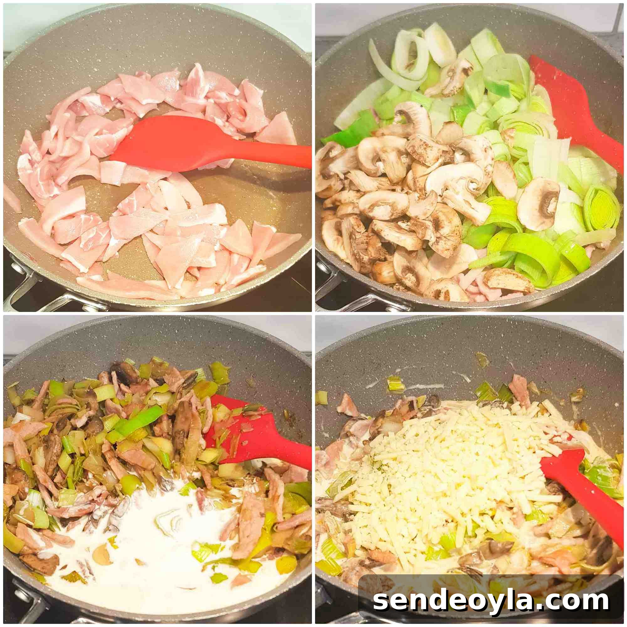 Cheesy Leek and Bacon Linguine 5 Making cream and leek sauce with cheese, mushrooms and bacon in a frying pan