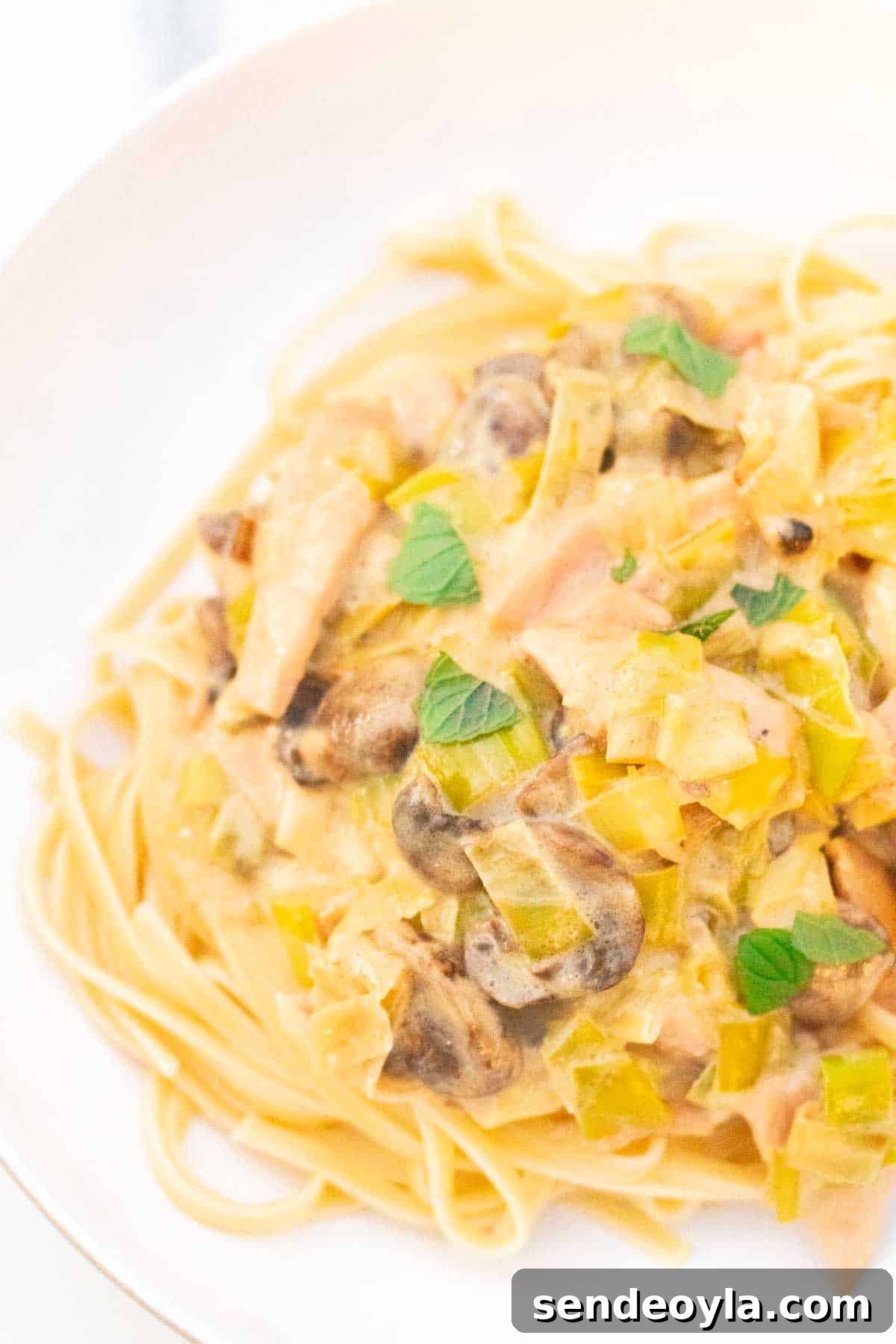 Cheesy Leek and Bacon Linguine 6 Close up of bacon and cheese pasta sauce on linguine with sauteed leeks in a bowl and garnish of fresh herbs