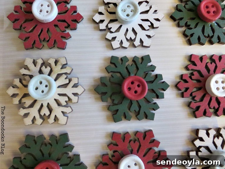 DIY Rustic Star Christmas Ornaments 3 little gift tag embellishments with snowflake and buttons, How to Make Rustic Star Christmas Ornaments www.theboondocksblog.com