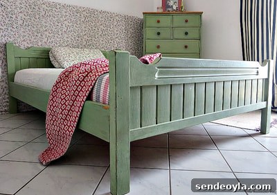 Bed frame painted in olive Green