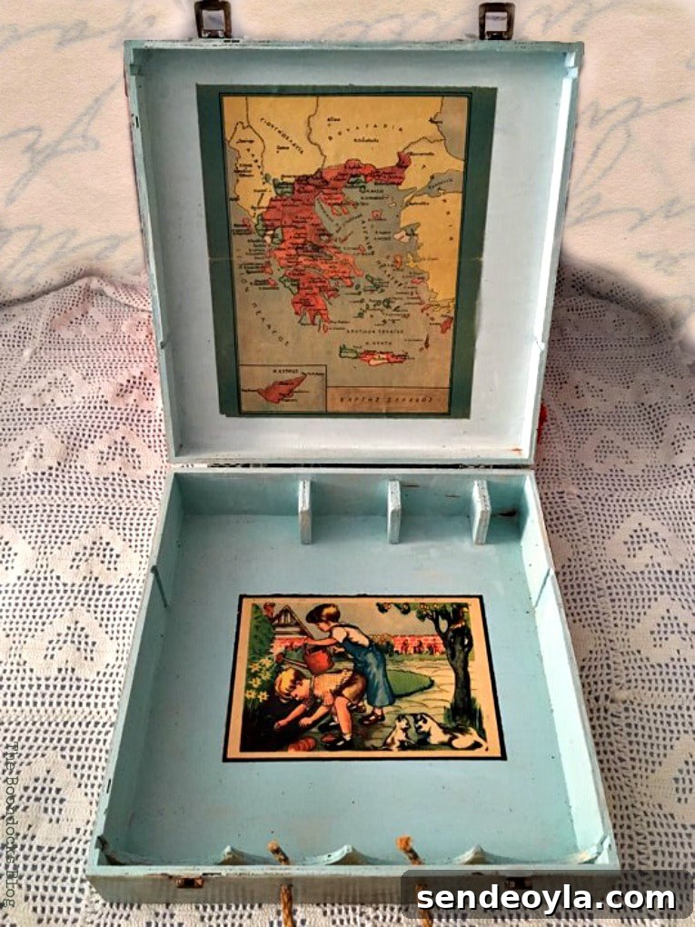 Inside of the box with a map and a page from a children's book