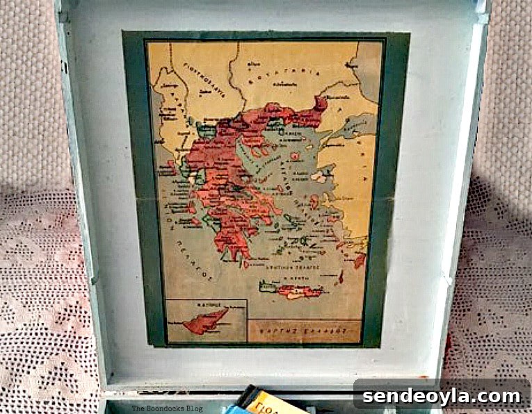 Inside top of box with decoupaged old map