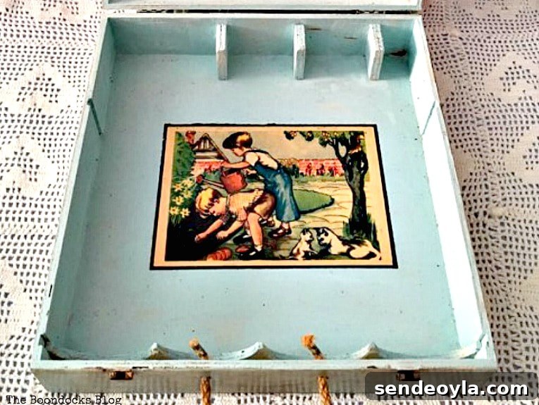 Bottom of box with decoupaged page from children's book