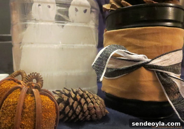 Tin cans wrapped in fabric and ribbon