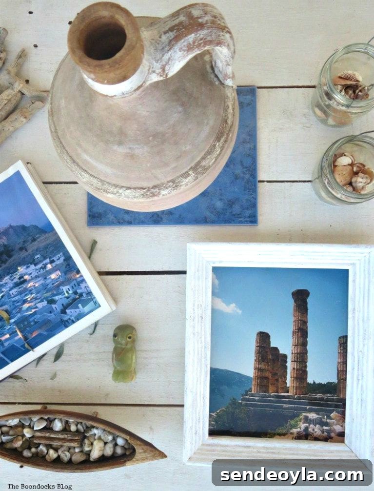 Pottery, seashells and photo of Delphi, What I Love Best about Greece